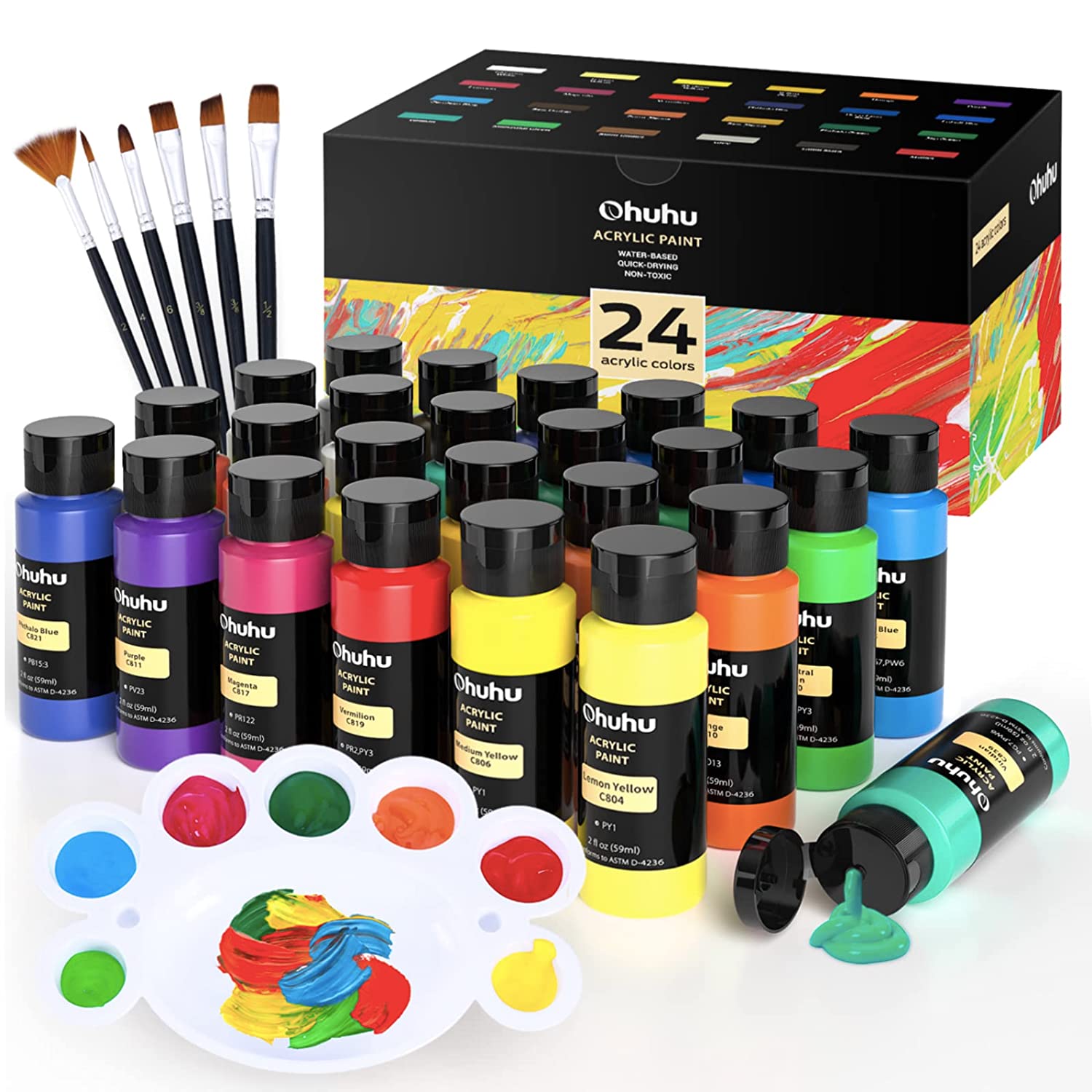 Acrylic Paint Set with 12 Brushes, 24 Colors (59Ml, 2Oz) Art Craft