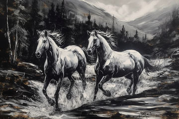 A Stunning Acrylic Color Print of Two Horses Galloping in the Mountains near a Waterfall - Black and White