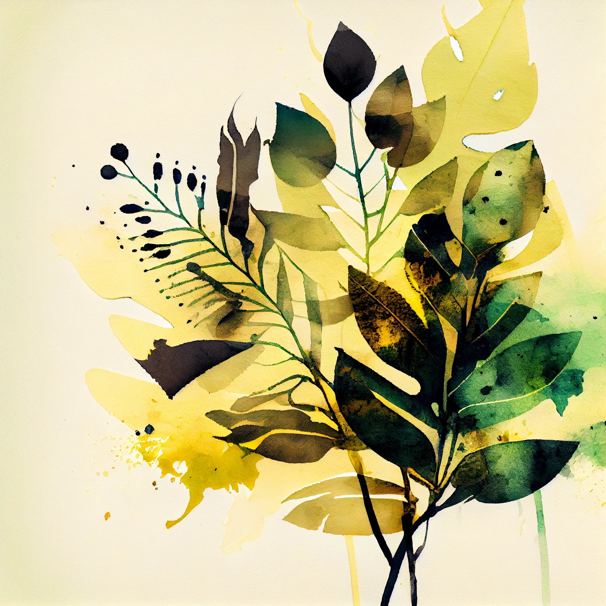 "Green Oasis Abstract Watercolor Leaves Print for Your Home and Offic