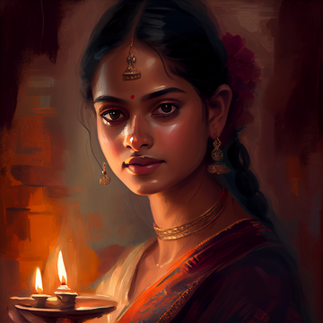 Radiant Beauty: Oil Painting Print of Captivating Indian Lady Wearing Traditional Dress with Candle