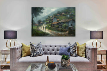 Rainy Retreat: Captivating Art Print of a Serene Mountain Village in the Midst of a Heavy Downpour