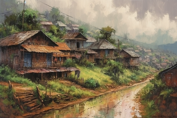 A Captivating Landscape Painting Print of an Enchanting Indian Village in the Rain