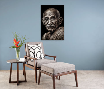 A Captivating Charcoal Portrait Print of Mahatma Gandhi Up Close