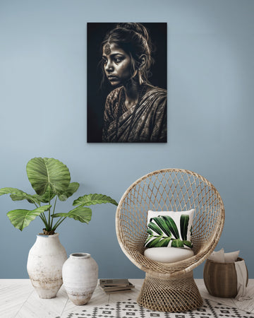A Captivating Charcoal Portrait Print of an Indian Village Girl