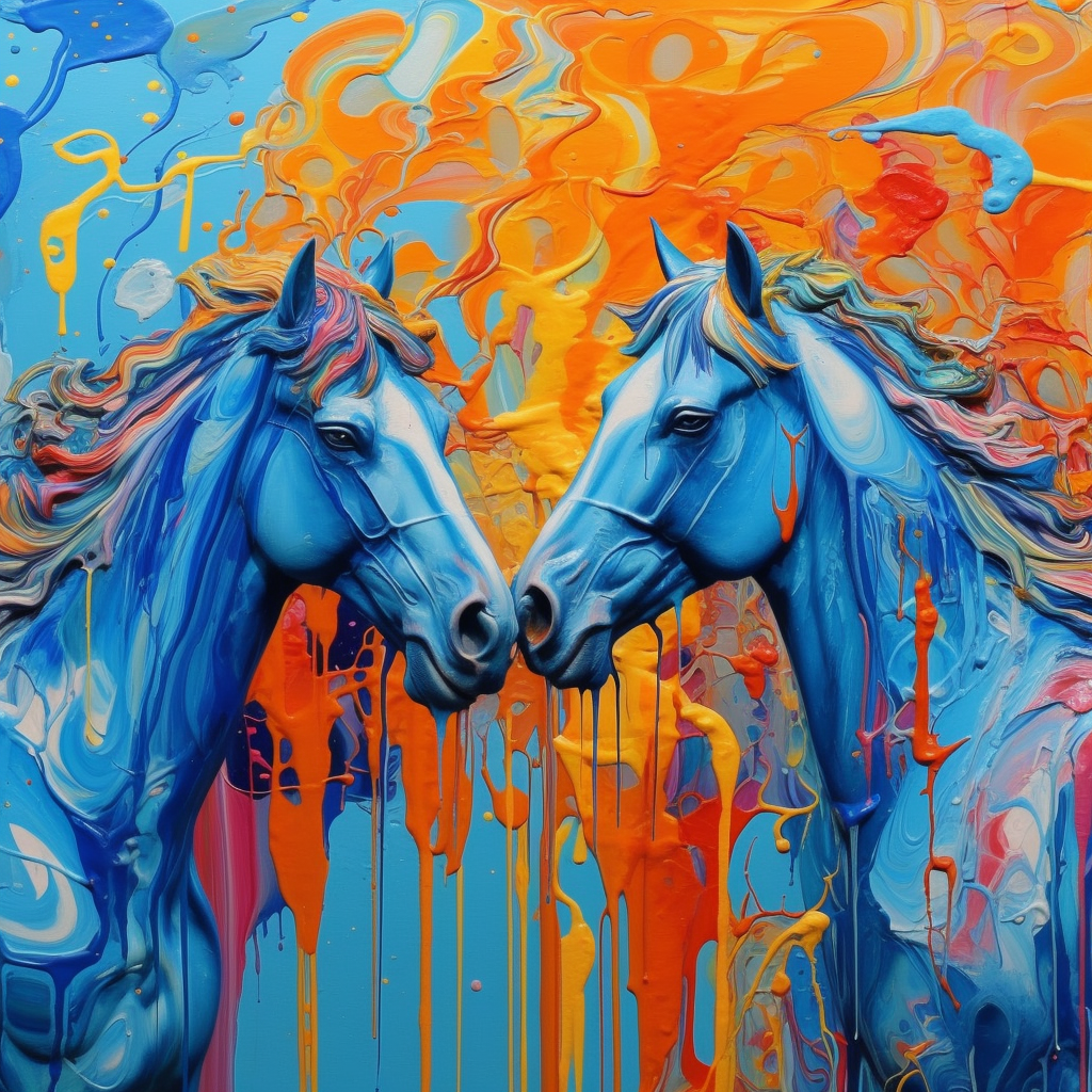 "A Dripping Art Print of Two Horses in Cornflower Blue and Neon Orange"
