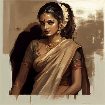 Graceful Elegance: Traditional Indian Woman in Brown Saree, Oil Painting Print