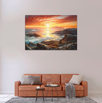 Golden Horizon: A Landscape Painting Print of Sunset at a Seashore