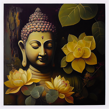 Lord Buddha Oil Painting Print with Black Background and Flower Details