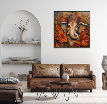 Autumnal Abundance: Lord Ganesha Painting Print with Maple Leaves Surrounding