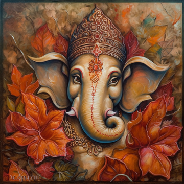 Autumnal Abundance: Lord Ganesha Painting Print with Maple Leaves Surrounding