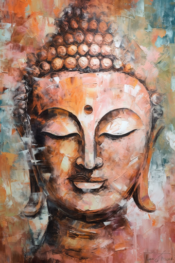 An Abstract Expressionist Acrylic Color Print of Lord Buddha in Shades of Peach and White
