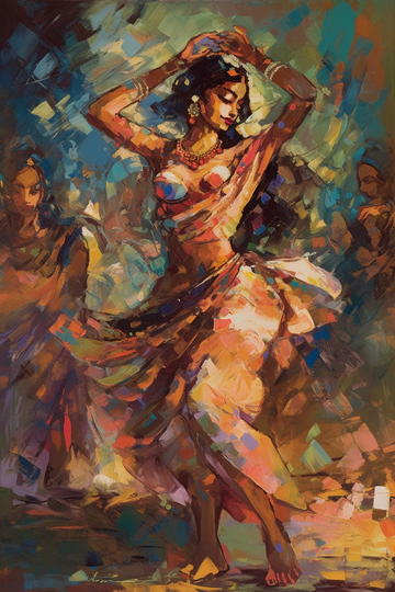 A Captivating Oil Color Portrait Print of a Dancing Goddess Radha in Abstract Expressionism