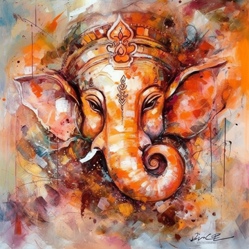 Vibrant Divinity: An Abstract Impressionism Acrylic Color Print of Lord Ganesha in Hues of Orange and White