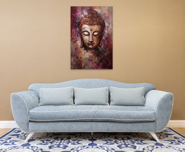 A Mesmerizing Abstract Impressionist Acrylic Color Print of Lord Buddha Print in dark wine and beige Hues