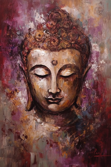 A Mesmerizing Abstract Impressionist Acrylic Color Print of Lord Buddha Print in dark wine and beige Hues