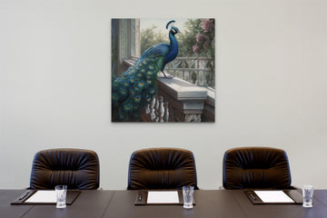 Graceful Majesty: A Hyperrealistic Acrylic Print of a Dancing Peacock on a Balcony