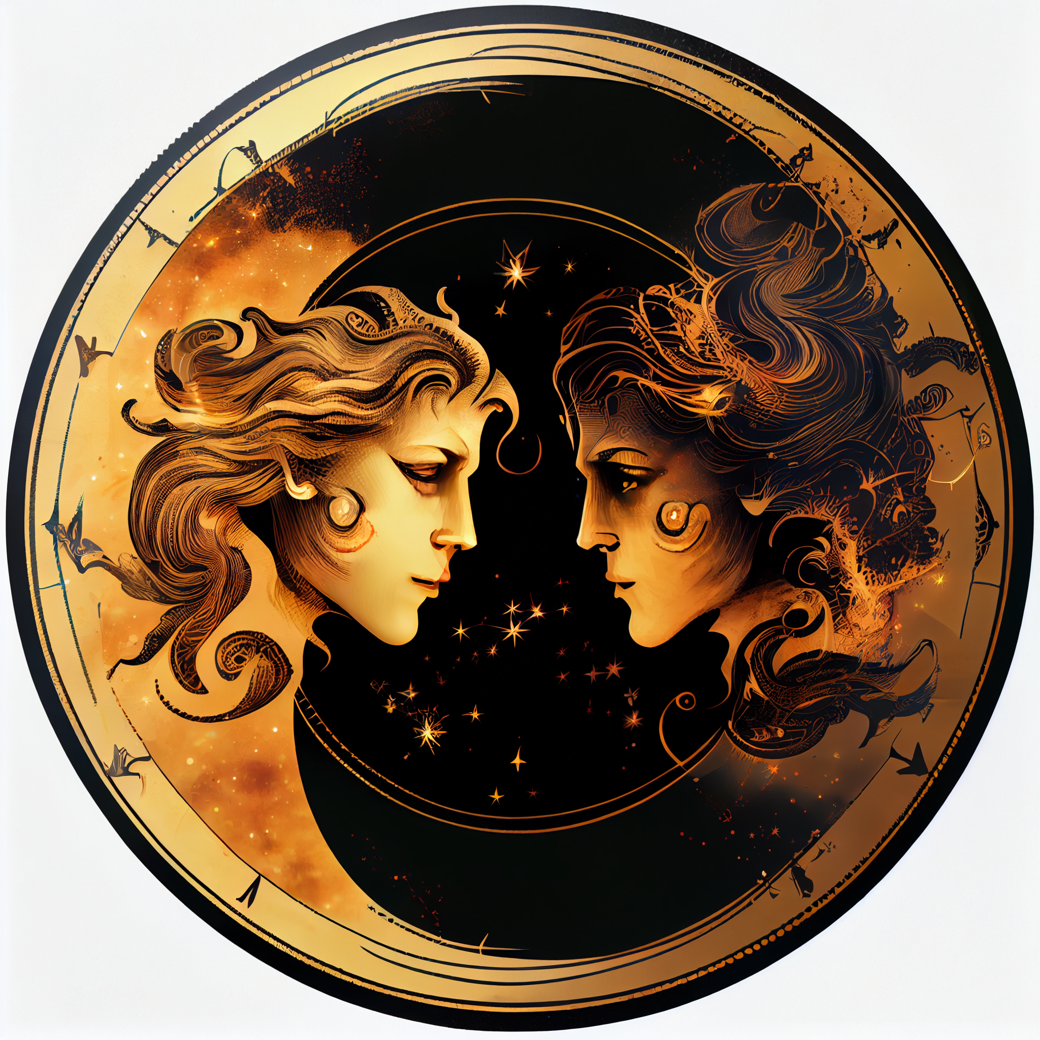 Vibrant Twins: Gemini Zodiac Sign Illustrative Art Print - Intricate D