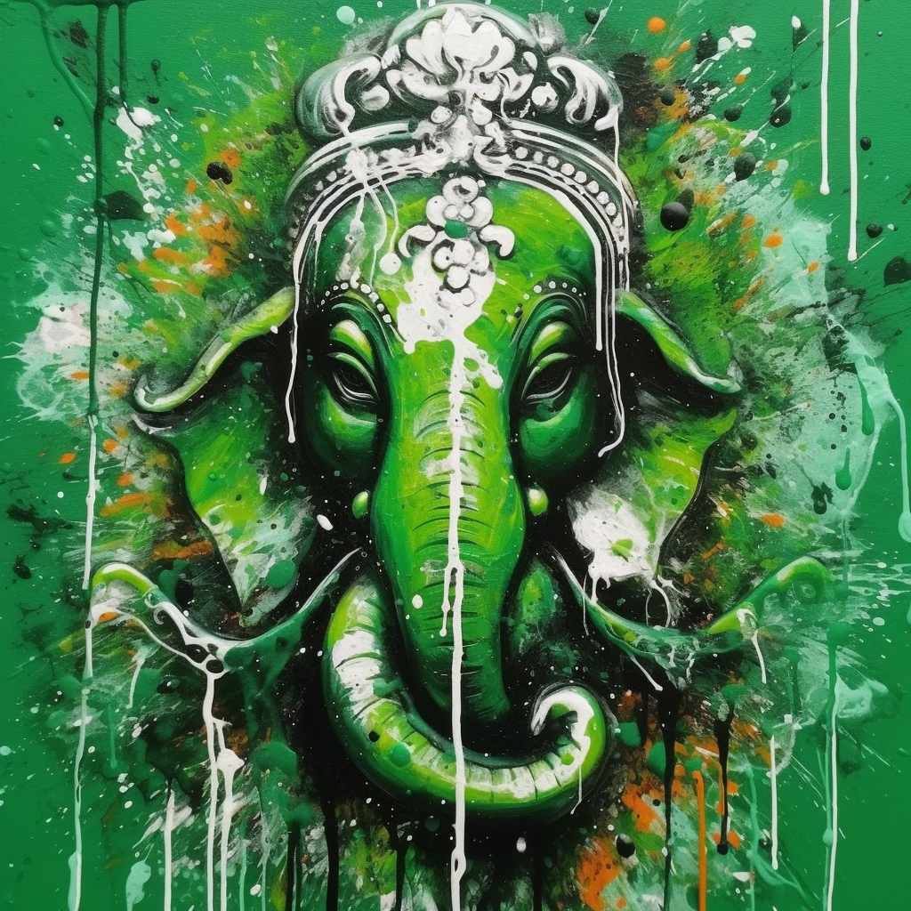 Graceful Green and White Ganesha: A Dripping Art Print to Adorn Your Walls