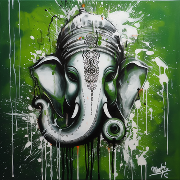Serene White Face of Lord Ganesha: A Drip Painting Print in Soothing Green Background for Your Home