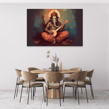 Sitar Serenade: A Modern Oil Color Print of Lord Ganesh Holding a Sitar