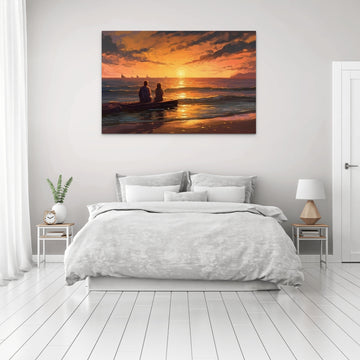 Romantic Sunset on the Beach: A Stunning Oil Color Print of a Couple Embracing