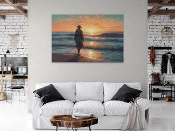 Golden Dawn: A Hyperrealistic Oil Color Print of a Lady by the Seashore at Sunrise