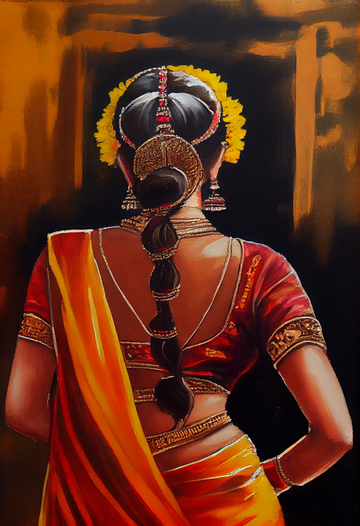 Graceful Movements: A Stunning Oil Painting Print of an Indian Bharatanatyam Dancer from Behind