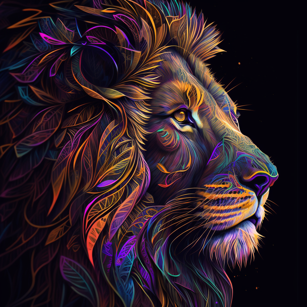 “Psychedelic Majesty: Digital Print of a Colorful Lion on Black Backgr