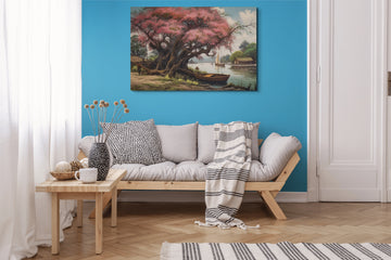 Serene Riverside Bliss: A Vibrant Oil Color Print of a Wooden Boat and Blossoming Pink Tree