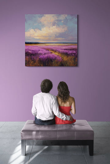 Lavender Meadow Landscape Painting with Pastel Sky and Open Fields