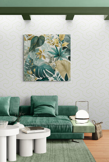 Tropical Botanical Leaf Pattern Art in Teal and Gold Tones