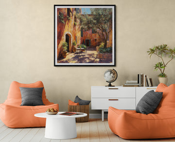 Tuscan Courtyard Wall Art Canvas – Mediterranean Italian Village Landscape Painting