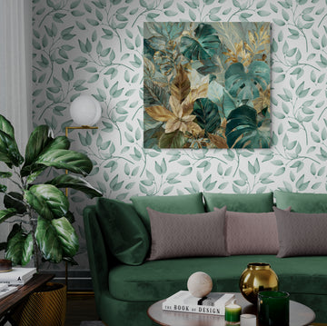 Tropical Botanical Leaf Wall Art with Teal and Gold Accents