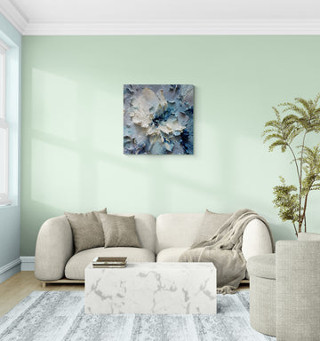 Textured Abstract Floral Painting in Soft Blue and White