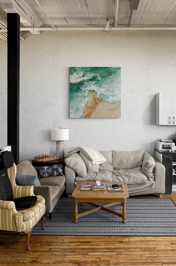 Abstract Ocean Wave Painting – Textured Coastal Art in Turquoise and Sand Tones