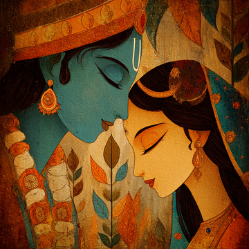 Vrindavan Serenity: Radha Krishna in Teal and Ochre