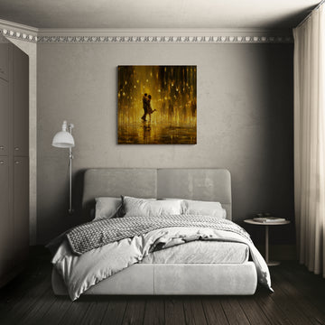 Romantic Couple Rain Painting – Golden Love Scene with Reflections