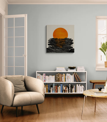 Abstract Sunset Ocean Art – Minimalist Waves with Golden Sun