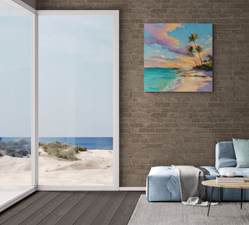 Tropical Beach Sunset Wall Art with Palm Trees and Ocean Colors