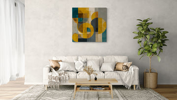 Abstract Geometric Circle Pattern Painting in Mustard and Teal