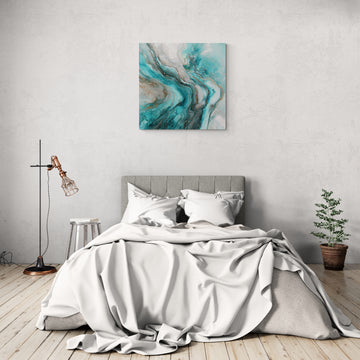 Abstract Teal and White Marble Texture Artwork with Gold Accents
