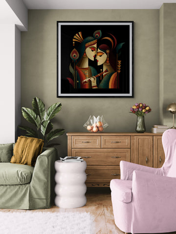 Radha Krishna Stipple Art Painting | Mosaic Moonlight Devotional Wall Art