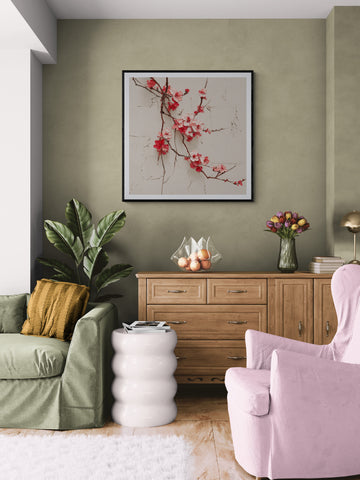 Textured Cherry Blossom Branch on Beige Canvas