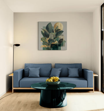 Botanical Wall Art with Teal Leaves and Gold Accents – Modern Geometric Decor