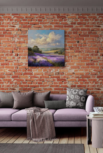 Lavender Field Landscape Painting with Dramatic Clouds and Rolling Hills