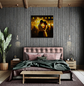 Romantic Couple Silhouette Painting – Golden Light Love Art