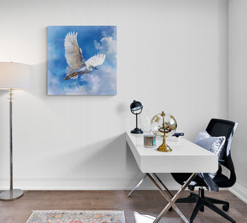 White Bird Flying Watercolor Painting Against Blue Sky