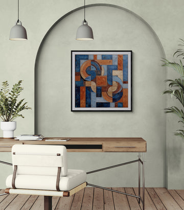 Abstract Geometric Composition in Terra Cotta and Blue / Textured Cubist Collage