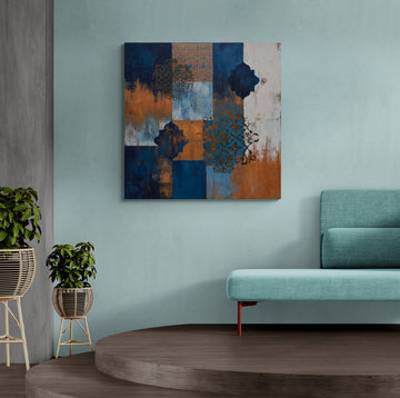Abstract Geometric Wall Art with Blue, Copper, and Textured Patterns