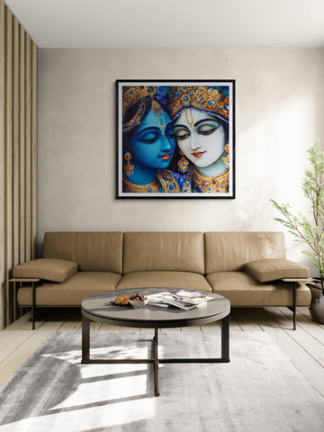 Classical Radha Krishna Portrait Painting | Jewelled Harmony Devotional Wall Art
